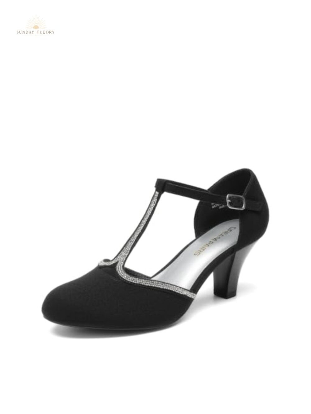 T-Strap Block Heel Dress Pumps Faux Suede Rhinestone Dance Heels